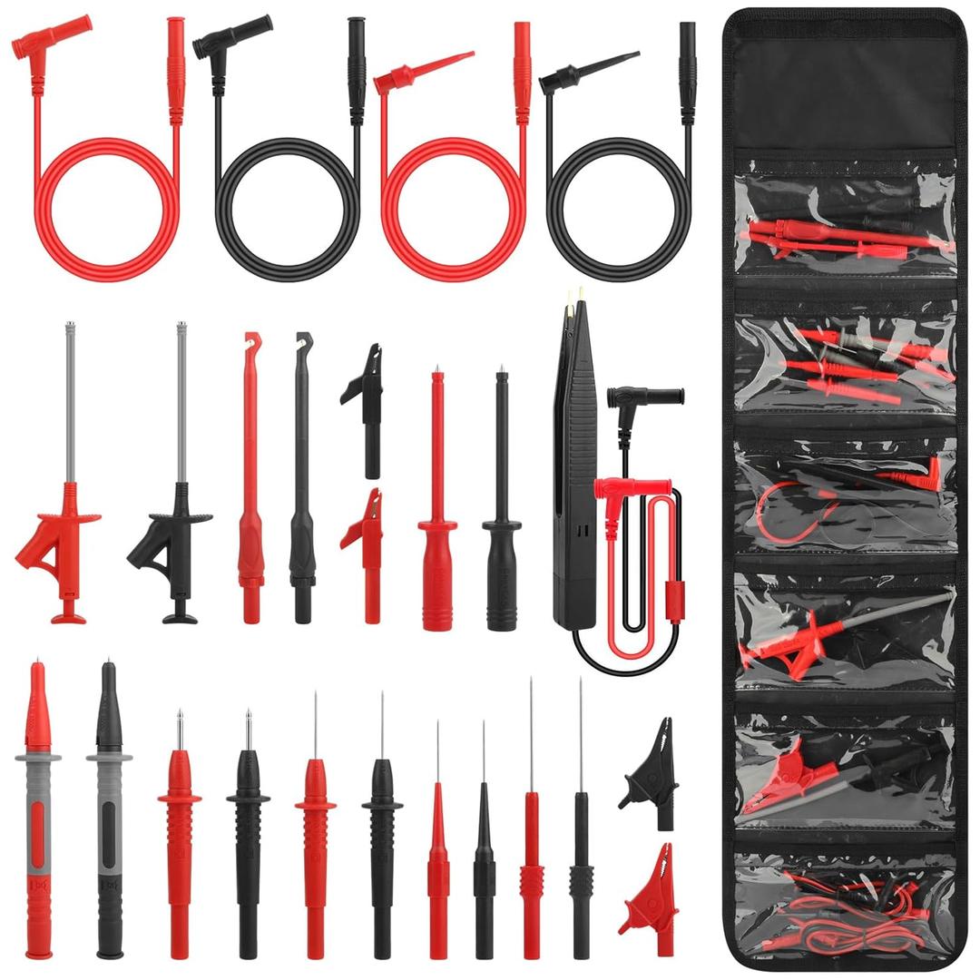 Linkstyle 25PCS Multimeter Test Leads Kit with Replaceable Wire Piercing Probes, Alligator Clips, Test Hook Clips, Tweezer for Digital Electrical Multimeter Testing (25PCS: Red+Black)
