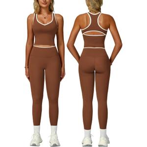 Women 2 Piece Workout Sets Racerback Color Block Tank Tops High Waist Tummy Control Active Leggings Yoga Outfits (Small, Brown)