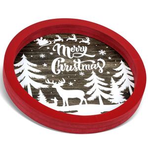 Putuo Decor Round Christmas Serving Tray Christmas Decorations for Home Rustic Decorative Wooden Tray Christmas Tray Serving Platters for Entertaining for Coffee Wine Table Serving (Brown and White)