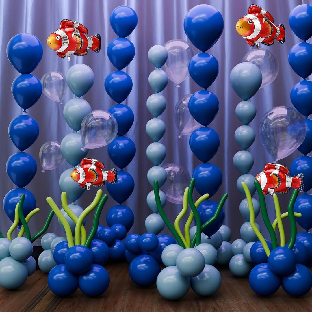 Gejoy 157 Pcs Under The Sea Balloon Decor Kit Ocean Party Baby Shower Decorations, Latex Blue Clear Bubble Green Orange Balloons Aluminum Clownfish for Under Sea Birthday Wedding Stage Party Supplies