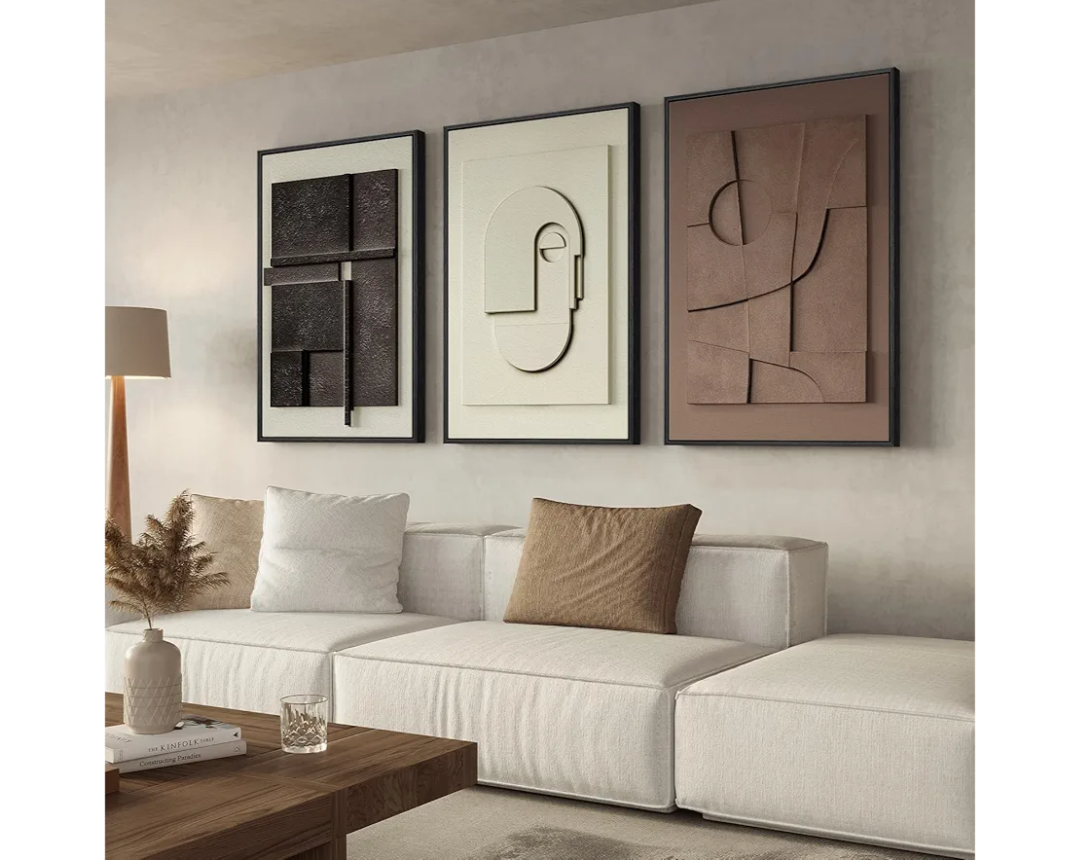 Large 3D Textured Framed Abstract Wall Art for Living Room, 3 Piece Modern Paintings Artwork for Walls, Black White Brown Geometric Sandstone Texture Pictures for Hallway Office Wall Decor 24x36 In