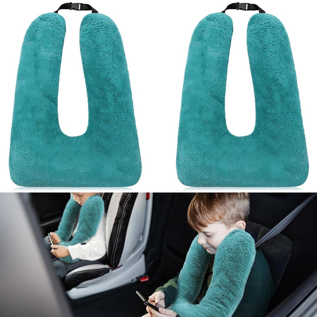 Hoteam 2 Pcs Travel Pillow Car Sleeping Kid Neck U Shaped for The Back Seat Adults Children Head and Body Support Long Distance Journey Accessories (Turquoise)
