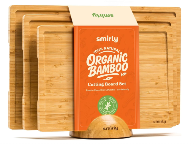 SMIRLY Wooden Cutting Boards For Kitchen Meal Prep & Serving - Bamboo Cutting Board Set with Holder, Charcuterie & Chopping Board, Wood Cutting Board Set, Kitchen Gadgets (3 Pack With Holder, Natural Bamboo)