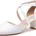 Greatonu Women's Low Block Heeled Dress Pumps Closed Round Toe Cross Strap Wedding Bridal Party Office Shoes 2.5 Inch (White, 7.5)