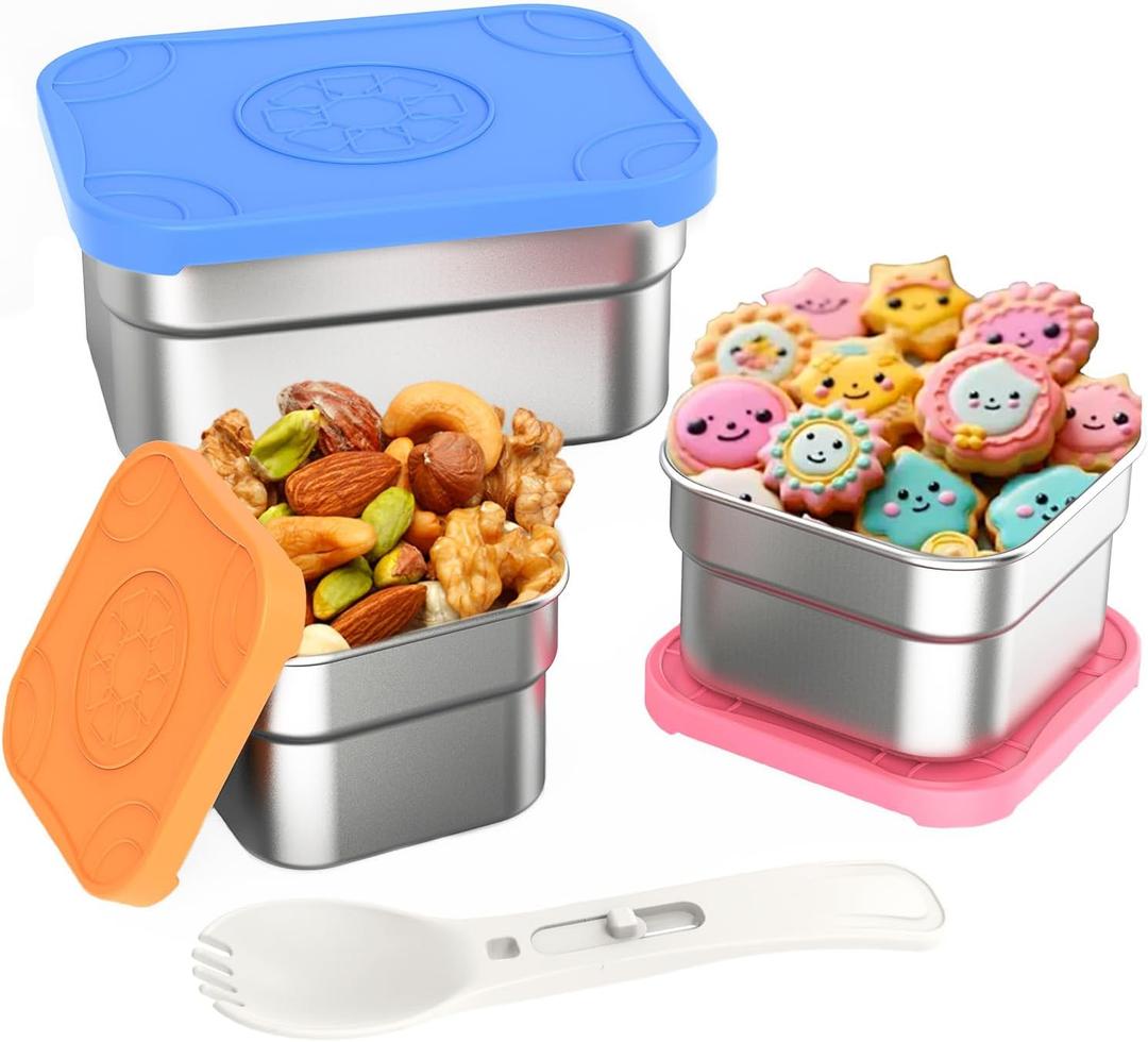 DaCool 3 Pack Kids Stainless Steel Snack Containers with Lids Spork, Totally 24 oz Easy Open Leakproof Small Toddler Snack Box with Silicone Lid, Stackable Metal Lunch Box for Daycare School