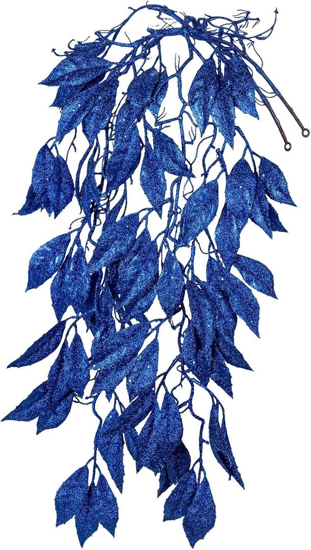 Hollyone 2pcs Hanging Christmas Garland Magnolia Hanging Christmas Decorations Blue Glittered Artificial Magnolia Leaves 33.5" for Indoor Outdoor Ornaments Garden Door Wall Window Stair Xmas Decor