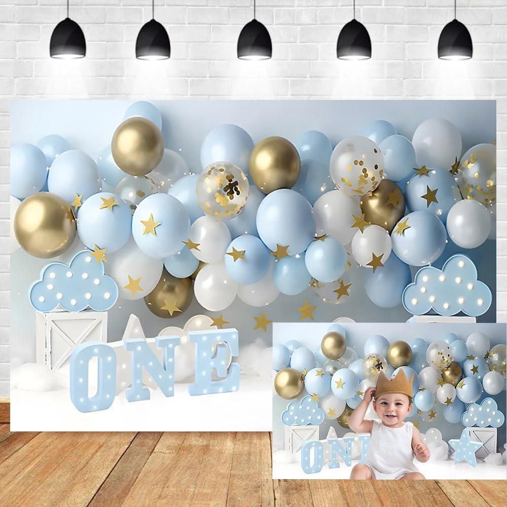 Leyiyi 7x5ft 3D Balloons Backdrop for Boy 1st Birthday Party White Gold Blue Balloons Cloud Sky Star Cake Smash Backdrop for Kids First Birthday Party Baby Shower Background Cake Table Banner