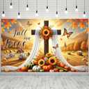 Fall Thanksgiving Backdrop Banner Fall for Jesus Theme Outdoor Decorations 71x43 Inchs Sunflower Pumpkins Backdrop Cross He Never Leaves Banner Party Supplies Yard Decor