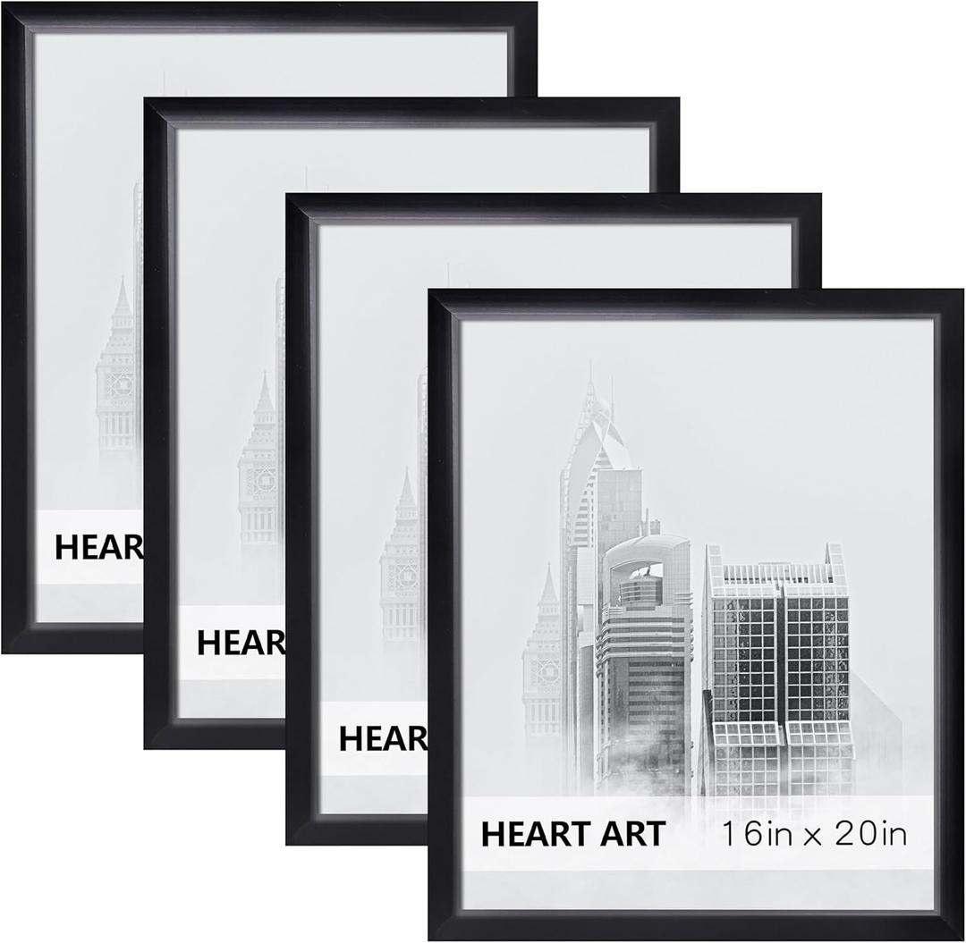 HEART ART 16x20 Frames Set of 4,Picture Frames 16x20 For Posters Without Mat,Wall Gallery Photo Frames,Black