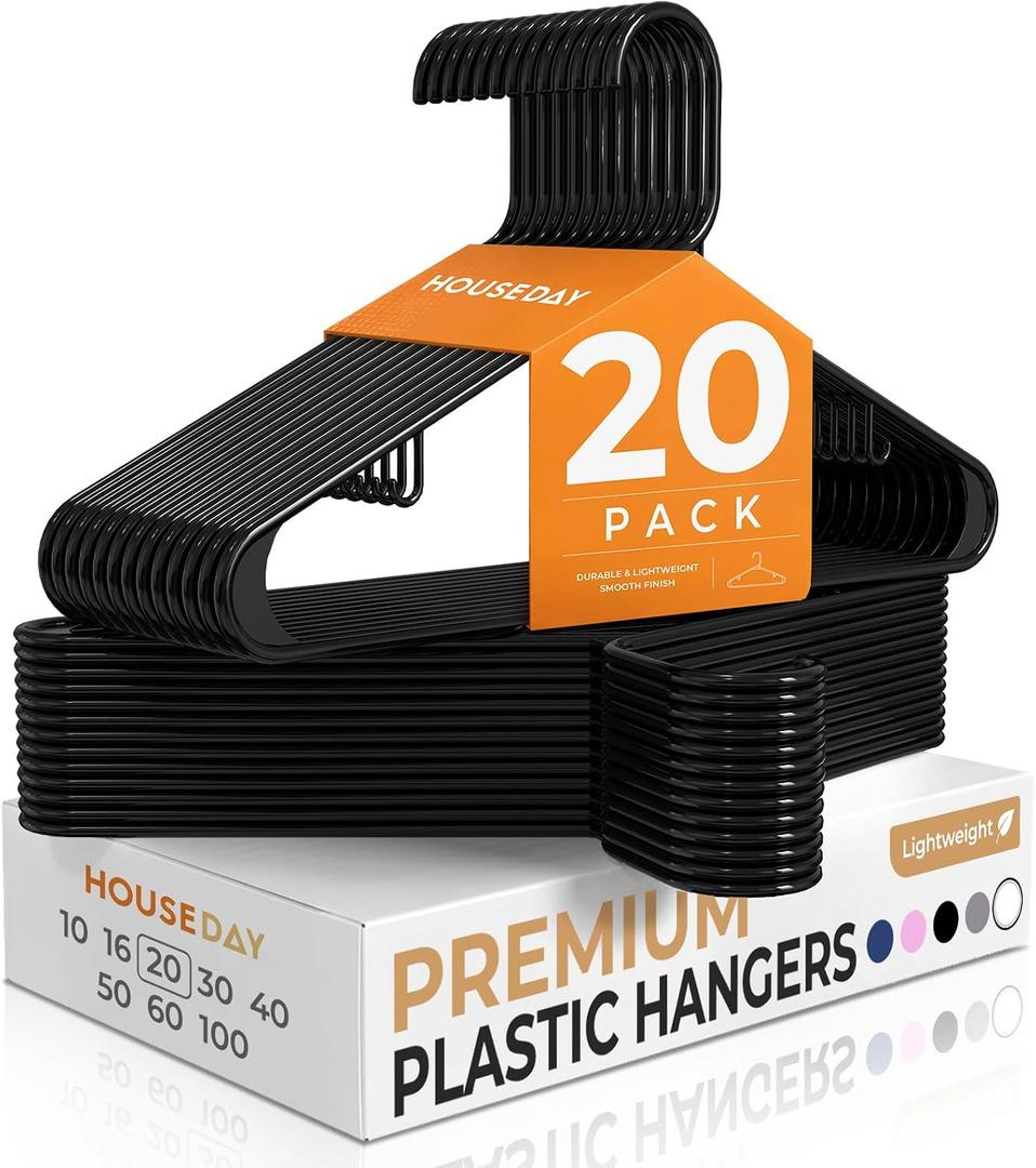 HOUSE DAY Plastic Hangers 20 Pack, Space Saving Clothes Hangers with Built-in Hooks, Durable & Strong Closet Organizers and Storage, Dorm Room Essential, Perfect for Shirts, Coat, Pants, Dress - Black
