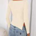 MEROKEETY Women's Fall Long Sleeve Sweater Tops 2025 Boat Neck Ribbed Asymmetric Lightweight Knit Shirts, Beige, Small (