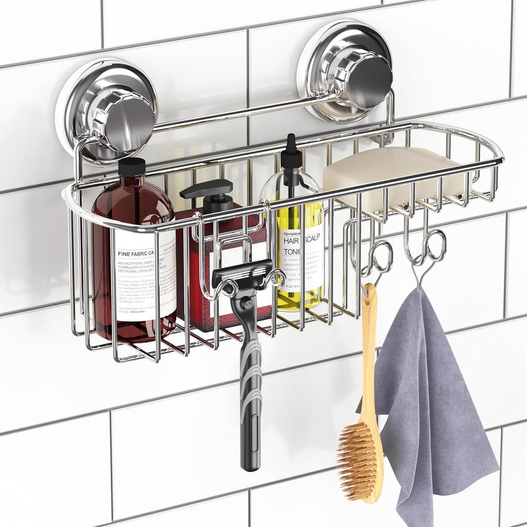 HASKO Suction Cup Shower Caddy Basket for Shampoo, Shower Suction Shelf Organizer, Basket with Soap Holder and Hooks, Stainless Steel Shampoo Holder for Bathroom Storage, Chrome