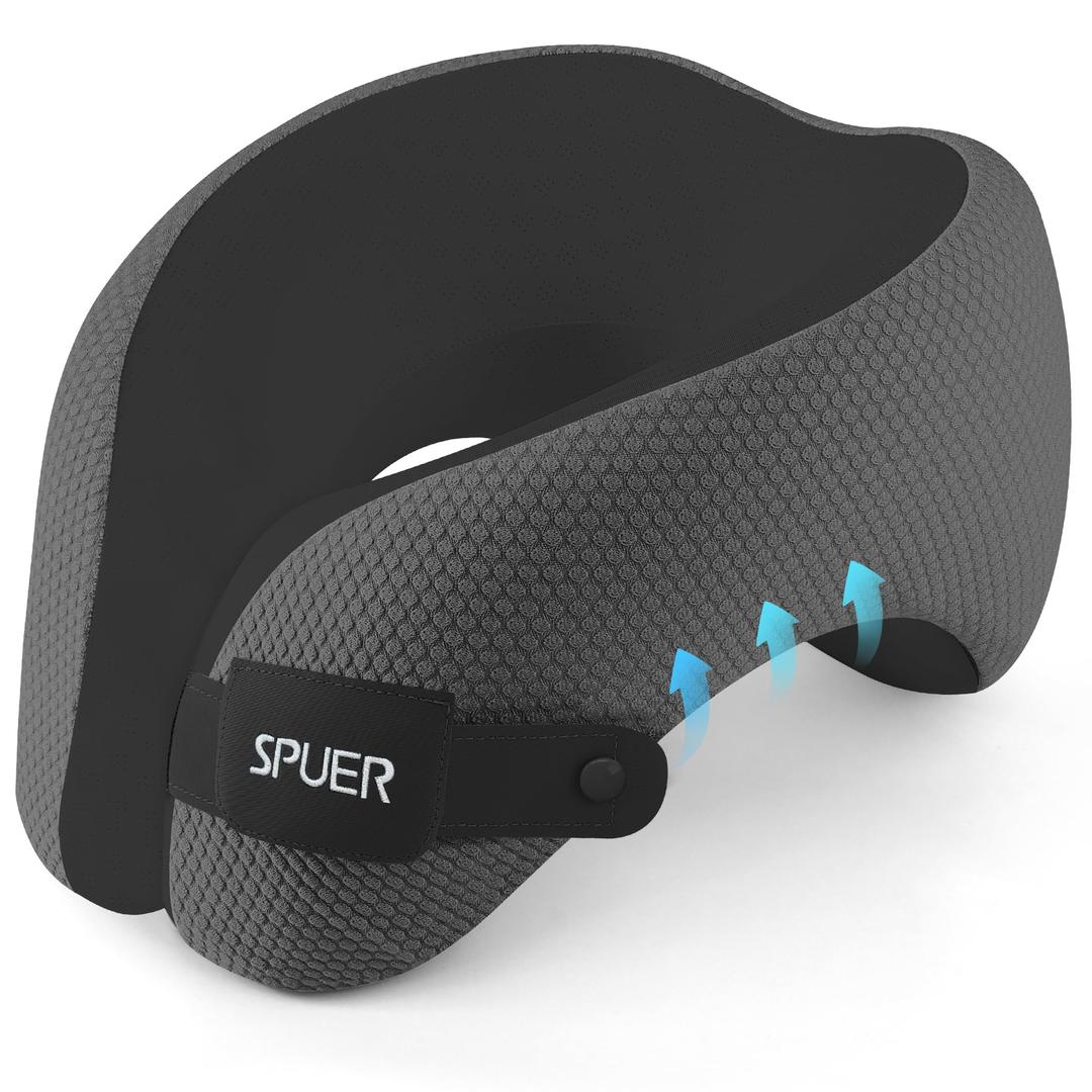 2in1 Ergonomic Memory Foam Travel Neck Pillow – Travel Pillow for All Sleep Positions on Flights, Road Trips, and Long Distance Travel with Drawstring Bag (Adjustable - Dark Gray & Black) Medium Size