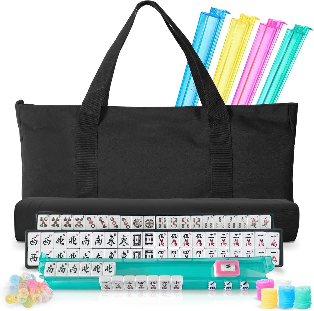 Mahjong Tile Set,166 White Tiles Mahjong Set, 4 All-in-One Rack/Pushers /3 dice, /100 Money Chips /1 Mahjong Instructions, American Mahjong Set with Black Carrying Bag