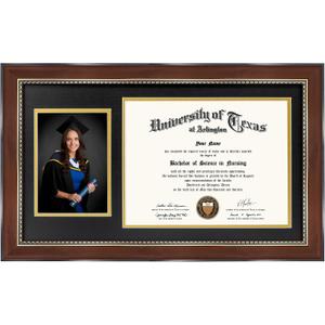GMFrames Mahogany Diploma and Photo Frame for 8.5x11 Certificate and 5x7 Picture, UV Protection Acrylic, Mahogany with Gold Beads and Trim, Black over Gold Double Mat