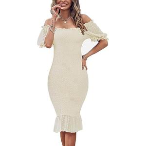 SENFURE Women's Summer Casual Midi Smocked Bodycon Dresses Puff Sleeve Square Neck Ruffle Mermaid Cocktail Dress, Size XL