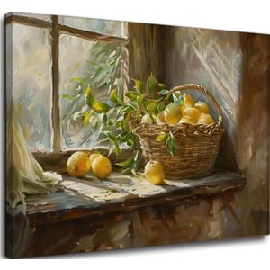 Vintage Kitchen Canvas Wall Art Yellow Lemon Still green plants Life Wall Decor Posters Prints Rustic Farmhouse Artwork Oil Paintings Pictures for Dining Room living room bedroom Bathroom,16x24 (Stretched Canvas On A Wooden Frame)