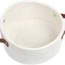 Small Woven Basket, Cute Mini Cotton Rope Storage Basket with leather handle, Tiny Decorative Round Storage Bin, Boho Empty Gift Baskets for Organizing, Toy Organizer for Nursery (Narrow handle)