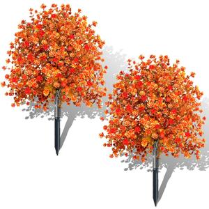2 Pack Artificial Boxwood Topiary Ball Trees with Fall Flowers & Ground Spikes for Outdoor, UV Resistant Artificial Shrubs Faux Plants Fake Bushes Look Real for Garden Porch Yard Patio