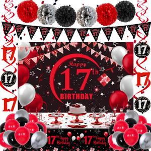 17th Birthday Decorations for Boys Girls Red and Black, Happy 17th Birthday Backdrop Banner, 17 Birthday Party Decoration Tablecloth Balloons Triangle Flag, 17 Year Old Boy Bday Party Supplies