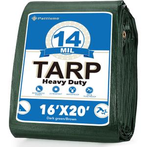 Pattiumo Tarp Waterproof 16 X 20 FT 14 Mil Heavy Duty Tarp Multipurpose Tarps Heavy Duty Waterproof Protective Cover UV All Weather Resistant for Shelter Camping, Green/Brown