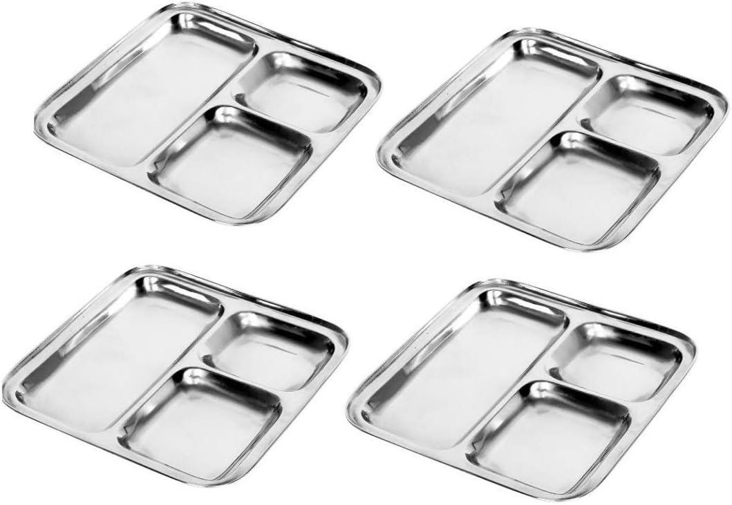 Satre Online and Marketing Square Plates Set of 4 Lunch Dinner Thali 3 Deep Compartments Stainless Steel