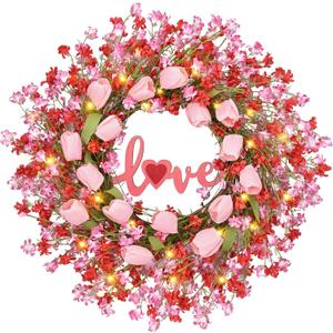 22IN Valentines Day Wreath Decorations, Wreath for Front Door, Pink Tulip Valentine, Spring Summer for Valentine's Home Party Table Window Gifts Decor