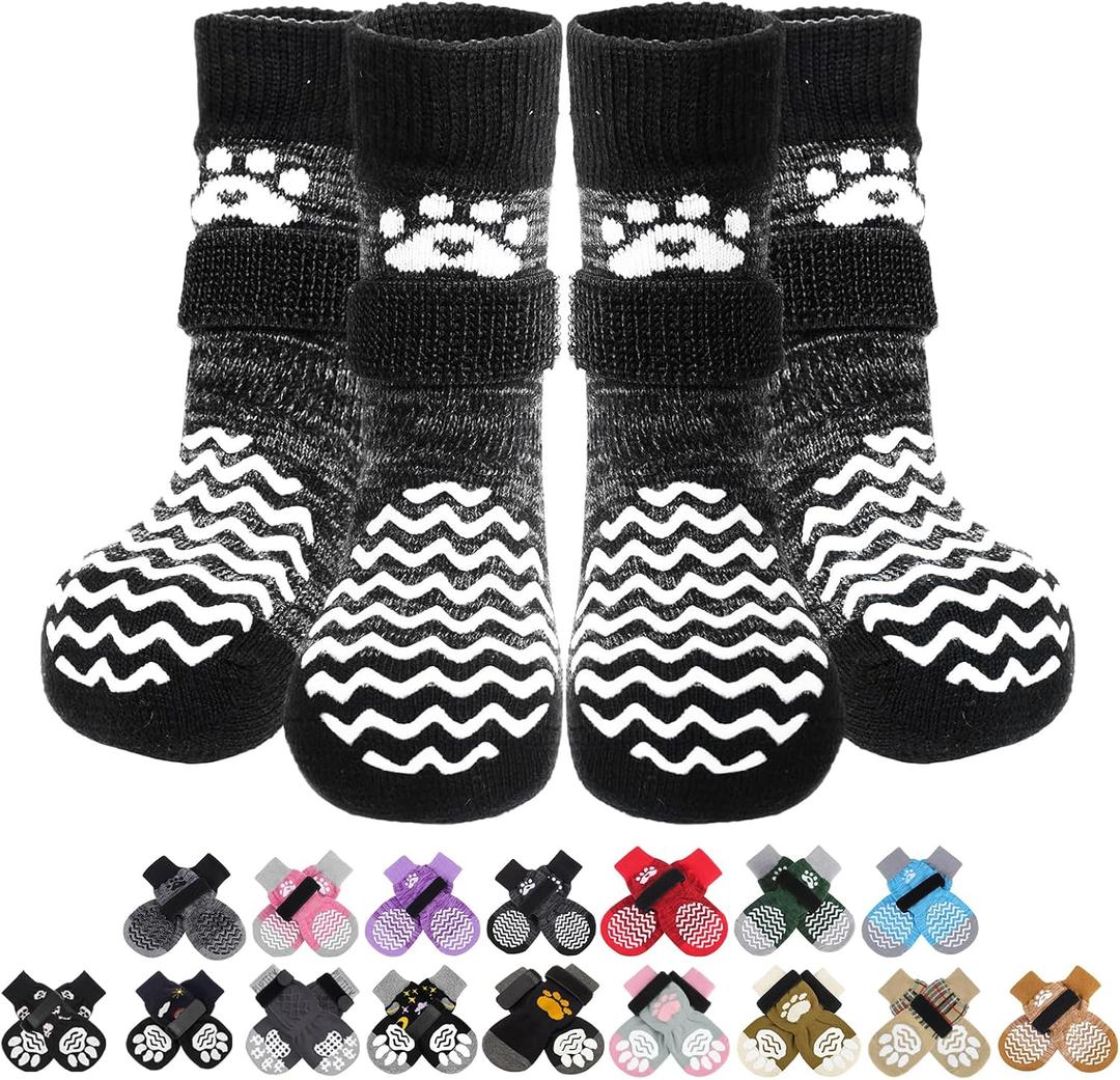 PUPTECK Anti Slip Dog Socks 2 Pairs with Double Grippers for Hardwood Floors, Shoes for Hot/Cold Pavement, Boots & Paws Protectors to Prevent Licking, Traction Booties for Senior Small Dogs