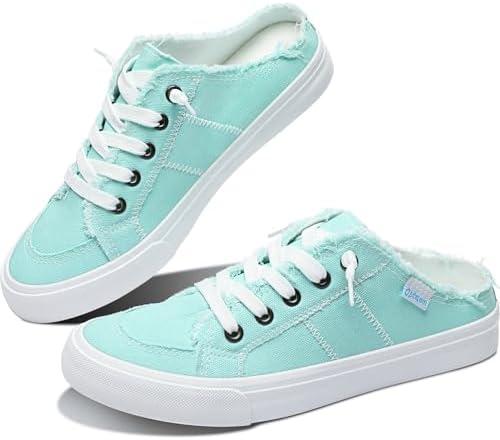 Obtaom Women Canvas Mules Memory Foam Clipper Fashion Sneakers Comfortable Slip-On Mule Backless Holiday Shoes 11,Light Green