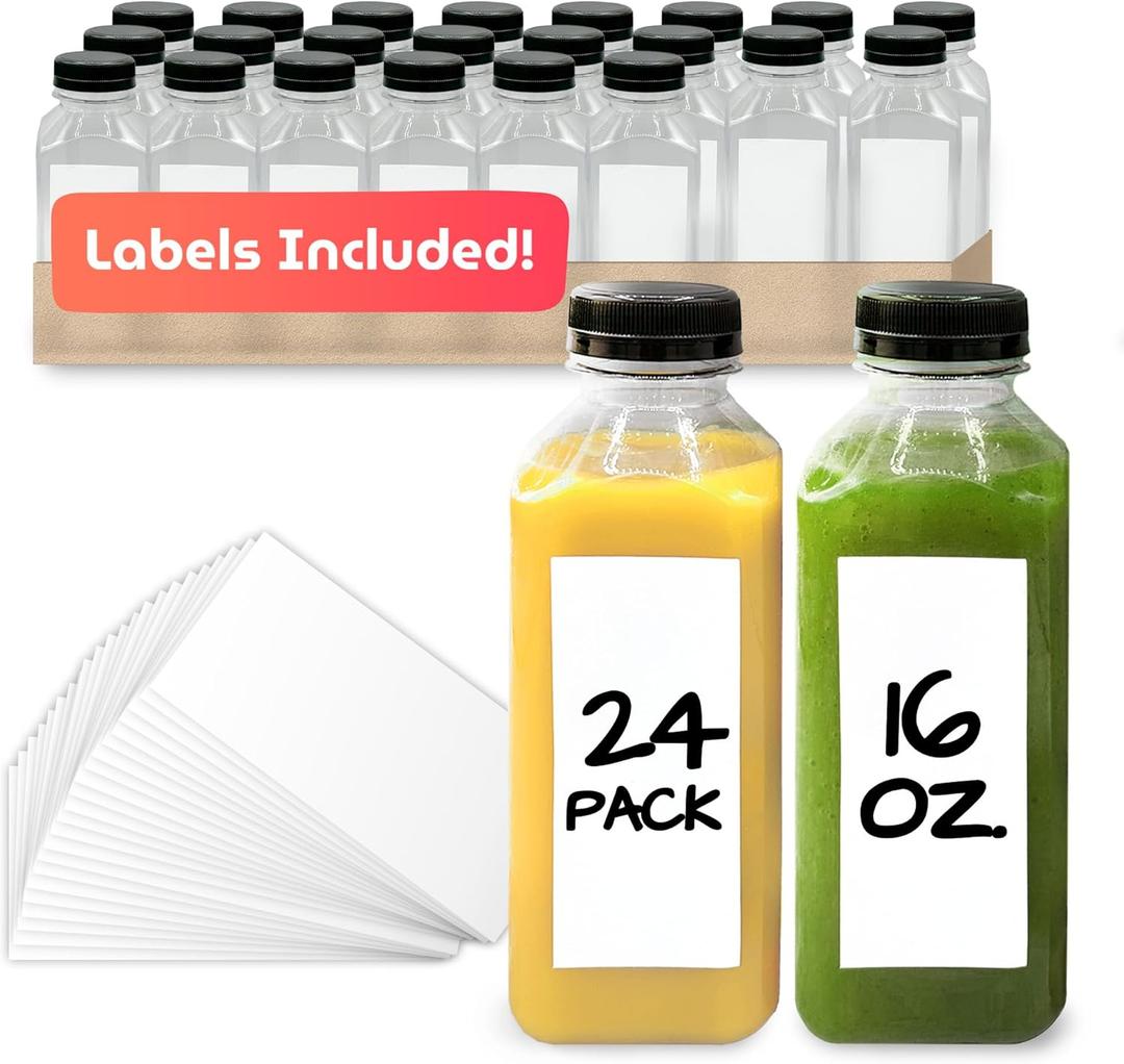 Reli. Plastic Juice Bottles [24 Bulk Pack, 16 oz] Square 16 oz Plastic Bottles with Caps & Sticker Labels | Clear, Empty for Drinks 16oz | Disposable, Reusable Containers for Juicing, Smoothies