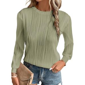 EVALESS Womens Tops Trendy Dressy Casual Long Sleeve Crewneck Basic T Shirts Solid Loose Textured Blouses Outfits (Green, XXL)