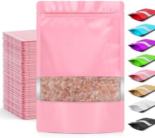 Funfery Smell Proof Packaging Bags,Mylar Clear Bags for Food Storage,Sealable Bag for Packaging,Stand Up Pouches with Window,ReSealable Bag for Small Business,Cookies,Candy(Pink,4.7x7.9in)