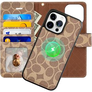 Luxury Designer Wallet Case for iPhone 16 Pro Max, Magnetic Detachable Cover with Card Slots, Kickstand, Wrist Strap, Smartish PU Leather, 6.9 Inch,Khaki