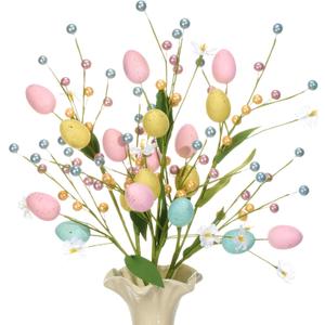 Chiisong 3 Pcs Artificial Easter Egg Flower Picks, Easter Table Centerpieces Decoration Floral Spray with Egg Colorful Berries Stems for Spring Vase Party Office Home Flower Arrangement