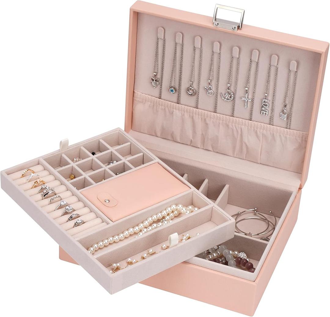 ATAIMEISEN Jewelry Organizer Box Travel Jewelry Box Storage Organizer Case Earring Ring Necklace Box Large Travel Jewelry Case/PINK