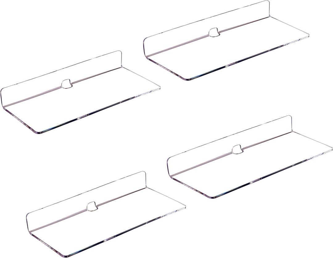 IEEK 4 PCS Clear Small Acrylic Floating Wall Shelves,9 Inch Adhesive Display Shelf for Nintendo Switch/Smart Speaker/Security Cameras/Action Figures,No Damage Expand Wall Space
