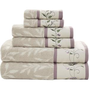 Madison Park Serene 100% Cotton Bath Towel Set Luxurious Floral Decorative Towels for Bathroom Embroidered Cotton Jacquard Design Soft Highly Absorbent for Shower 600 GSM, Multi-Sizes, Purple 6 Piece