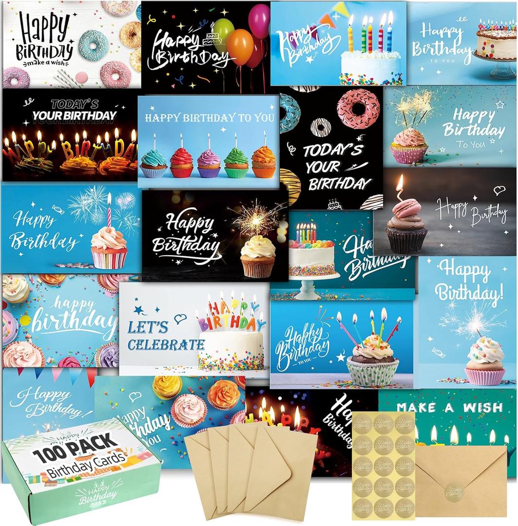 100 Happy Birthday Cards with Envelopes, 20 Unique Designs, Birthday Cards Bulk with Short Generic Message Inside, 4x6 inches, Assorted Birthday Cards Assortment for Business, Office and Personal
