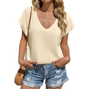 Tankaneo Womens Cropped Deep V Neck T Shirts Summer Casual Short Cap Sleeve Tops Loose Fit Basic Tee Beige, Large