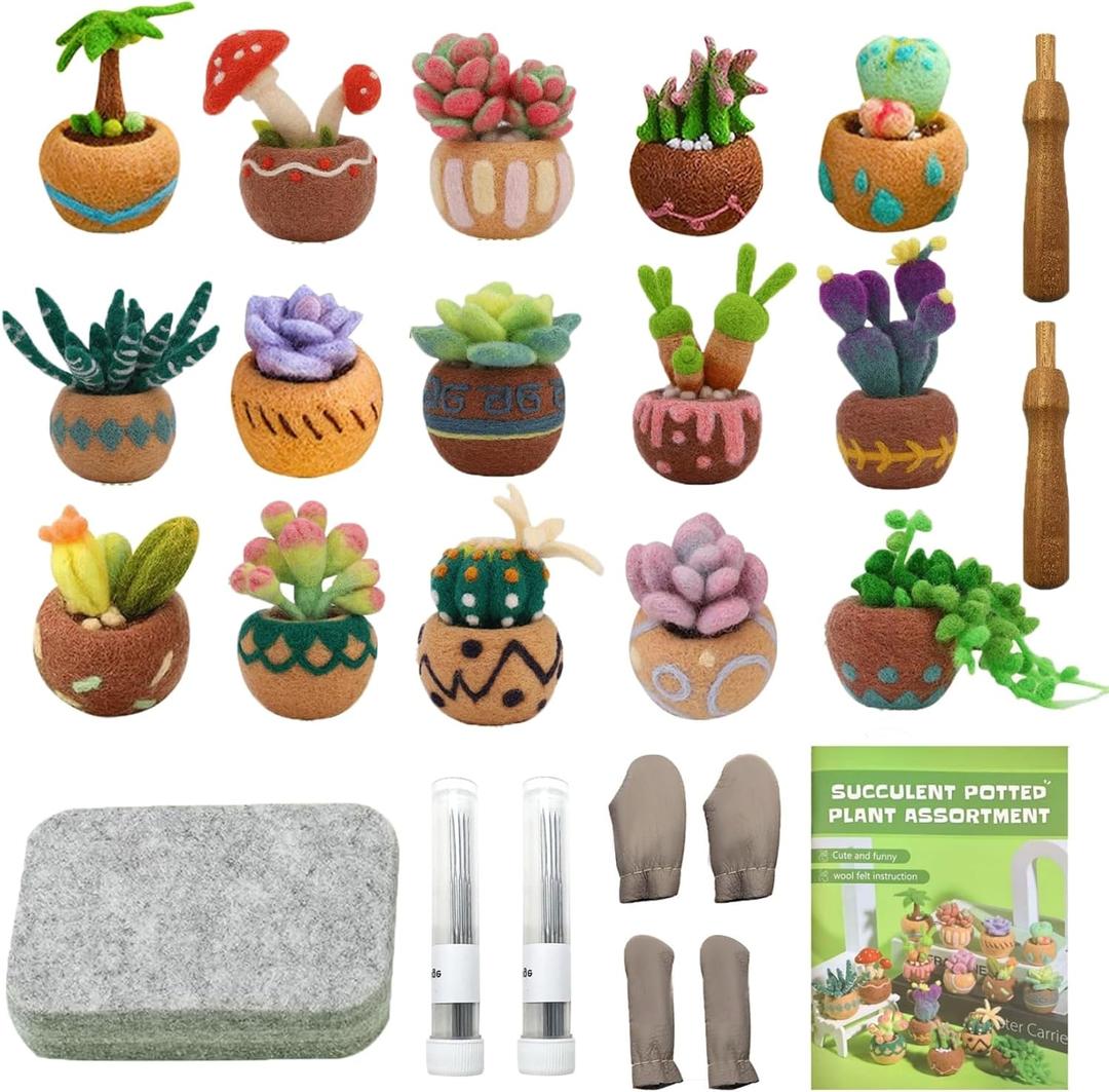 Jevuoyee 15pcs Succulent Needle Felting Kit for Beginners Adult - DIY Starter Kit with Wool Roving, Felting Mat, Needles, Instructions for Home Decoration Crafts