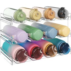 Lifewit Stackable Water Bottle Organizer for Cabinet, Water Bottle Holder, Kitchen Pantry Organization and Storage, Plastic Fridge Wine Racks, Tumbler Travel Mug Cup Holder, 3Pack, Hold 12 Bottles