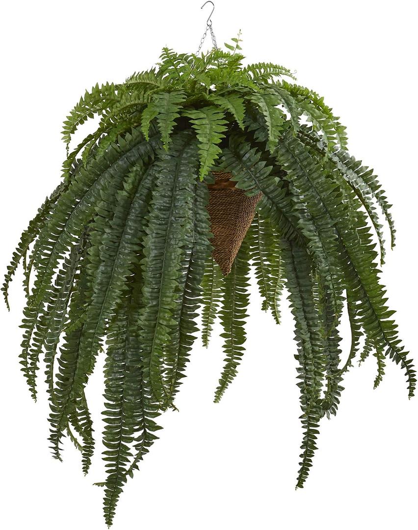 Nearly Natural 50 in Artificial Giant Boston Fern Hanging Cone Room Decor