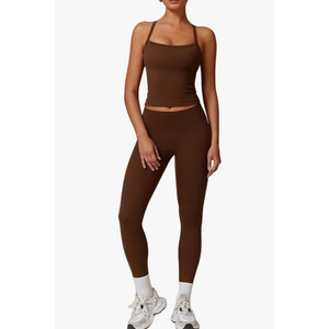 Workout Sets for Women 2 Piece Padded Sports Bra Tank Top High Waist Leggings Sets Gym Yoga Work Out Clothes Brown, Size M