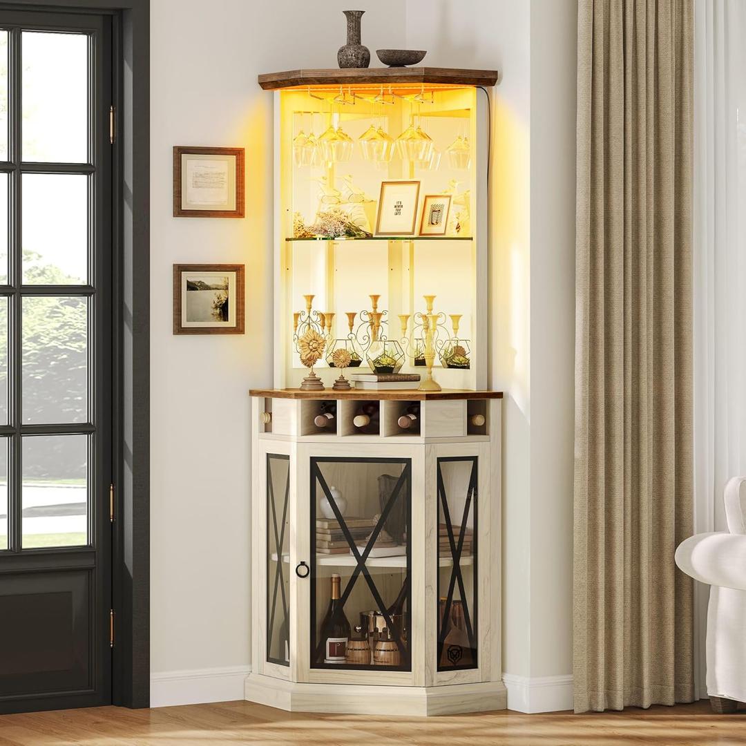 DWVO Corner Bar Cabinet with LED, 72" Tall Farmhouse Wine Cabinets, Liquor Stand w/Tempered Glass Door & Adjustable Shelf, Alcohol Storage with Wine Rack & Glass Holder for Living Room, Off White
