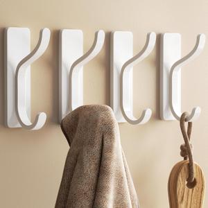 pickpiff Adhesive Wall Coat Hooks - Heavy Duty Stick-On Door Hanger, Metal Hook for Hanging Towel,Purse, Robe, Backpack, Jacket, Clothes - for Bathroom,Dorm, Closet, Kitchen - White, 4 Pack
