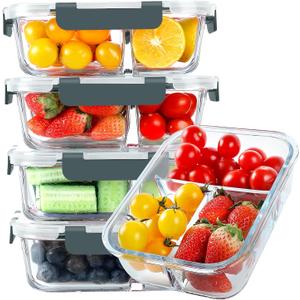 KOMUEE Glass Meal Prep Containers 3 Compartments, 5 Pack 36 oz, Glass Food Storage Containers with Lids, Airtight Lunch Bento Box, Portion Control, Freezer and Microwave Safe (Gray)
