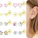Hypoallergenic Earrings for Girls Women, 14k Gold Toddler Screw Back Earrings for Kids Baby Lightweight Surgical Stainless Steel Flower Bow Pink Heart Star CZ Flat Back Stud Earring for Sensitive Ears