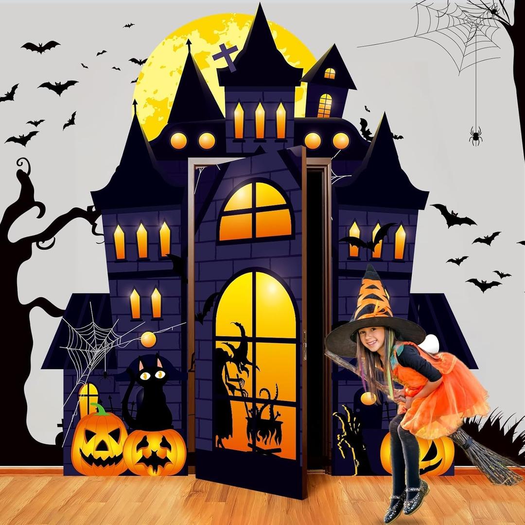 4 PCS Halloween Castle Door Decorations Witch Castle Door Covers Scary Ghost Hanging Banner Backdrop Pumpkin Porch Sign Horror Halloween Photo Props Background for Classroom Office Home Party Decor
