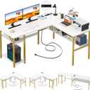Unikito Reversible L Shaped Desk with Magic Power Outlets and USB Charging Ports, Sturdy Corner Computer Desk with Storage Shelves, Gaming Table Home Office Desk, Easy to Assemble, White and Gold