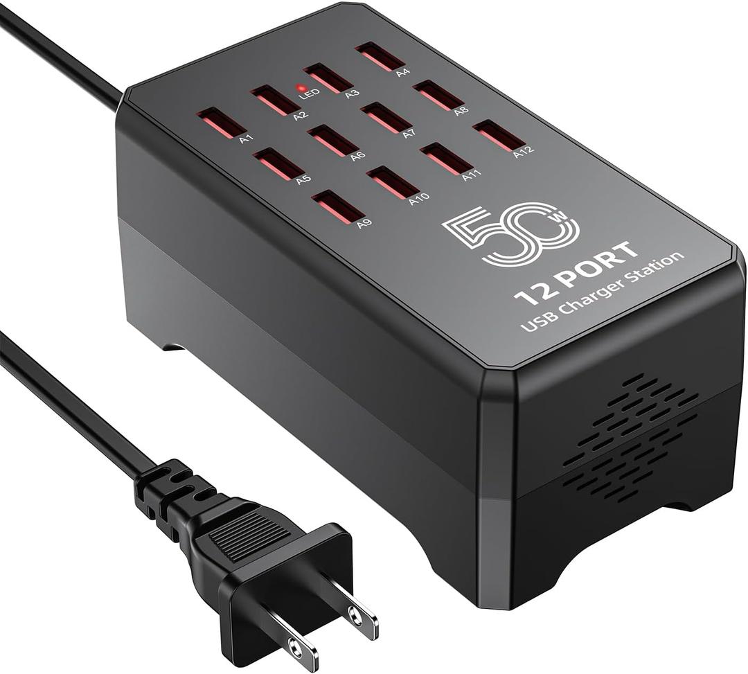 50W 12-Port USB Charging Station for Multiple Devices-Portable USB Charging Hub Compatible with iPhone, Android, Tablet, AirPods & More-Compact Charger Block for Home, Office & Entrepreneur.